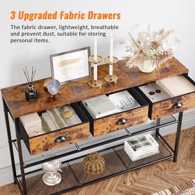Furologee Entryway Table, 38'' Console Sofa Table with 3 Fabric Drawers, Industrial Entry Way Table with Storage Shelves, Display Shelf for Living Room, Hallway, Entrance, Foyer, Rustic Brown - Image 4