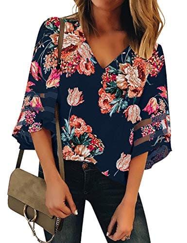 LookbookStore Women's V Neck Floral Printed Mesh Patchwork Blouse 3/4 Bell Sleeve Loose Spring Top Shirt Navy Blue Size Large - Image 1