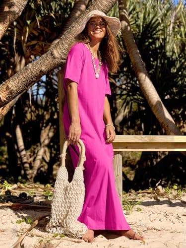 MEROKEETY Women's 2025 Summer Maxi Dress Casual Short Sleeve Beach Vacation Crewneck Basic Long T Shirt Dresses, Rose, Medium - Image 7