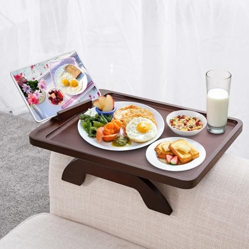 SINWANT Couch Armrest Table, Large Bamboo Couch Arm Table 360° Phone Holder,Foldable Sofa Arm Tray for Eating Drinking Snacks Remote on Chair Armrest - Image 1