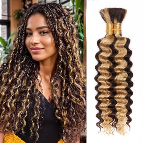 4/27 Honey Blonde Human Braiding Hair Deep Wave Bulk，Highlight No Weft Curly Braiding Hair Extensions for Boho Braids Wet and Wavy Braiding Human Hair Bundles(16inch,4/27,100g)-1 - Image 1