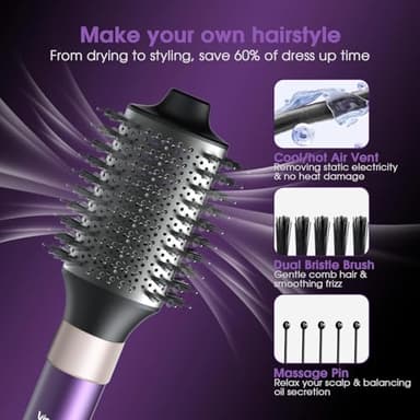 Vincofy 7 in 1 Blow Dryer Brush and Hair Dryer, Hot Hair Styler with Negative Ion 110,000 RPM Hair Straightener Brush for Fast Drying Straightening Curling Voluming, Suitable for All Types,Purple - Image 6