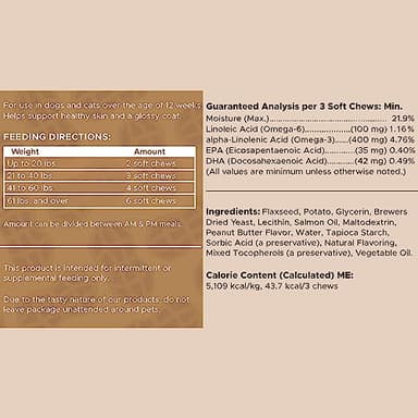 Omega for Dogs - 180 Delicious Soft Chews - Salmon Oil Treats for Skin and Coat, Itch Relief - Fish Oil Blend of Essential Fatty Acids, Omega 3, 6, and 9, and Vitamins - Peanut Butter Flavor - Image 7