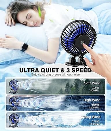 JZCreater USB Desk Fan, Mini Portable Fans, 3 Speeds Desktop Table Cooling Fan, Plug in Power, Rotation Strong Wind, Quiet Personal Small for Home Office Travel Bedroom, Black Blue - Image 3