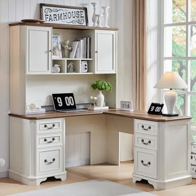 T4TREAM 59" L Shaped Desk with Hutch,Victorian Wood Computer Desk, Featuring Charging Station,File Drawer, Storage Cabinet,for Home Office Work and Study (Antique White) - Image 1