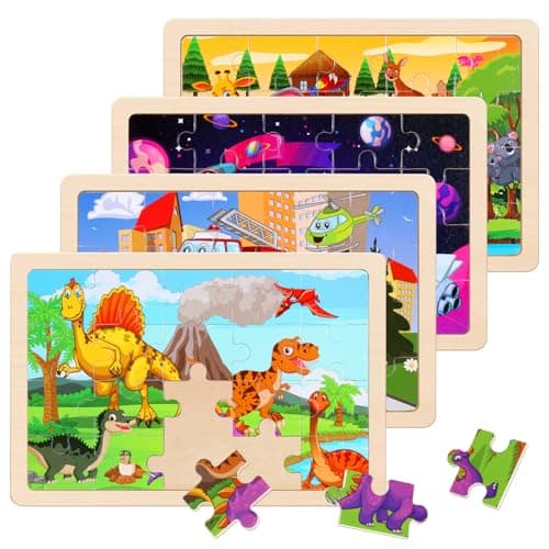 Wooden Puzzles Toys for Kids Ages 3-5, Set of 4 Packs Dinosaur, Space, Transportation Wood Toddler Puzzles, Preschool Brain Teaser Toys for Boys and Girls 2 3 4 5 6 Years Old - Image 1