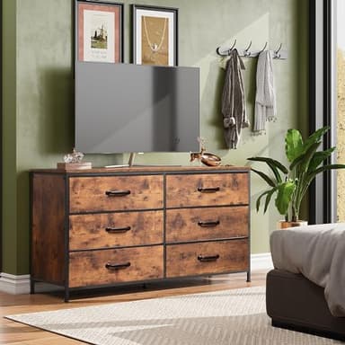 WLIVE 6 Drawer Dresser for Bedroom Large, Fabric Wide Dresser TV Stand for 50, 55, 60 inch TV, Big Long Chest of Drawers with Deep Drawer for Closet, Bedroom, Living Room, Hallway, Rustic Brown - Image 2