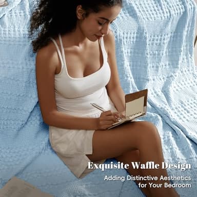 PHF 100% Cotton Waffle Weave Blanket Queen Size for Bed, Soft Lightweight & Breathable, All-Season Comfort, Luxury Aesthetic Woven Bedding for Home Decor, 90"x90", Baby Blue - Image 4