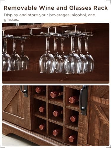 OKD 72" Farmhosue Bar Cabinet with Sliding Barn Door, Large Kitchen Buffet with Hutch w/Wine & Glasses Rack, 3 Drawers, 12 Storage Shelves, Rustic Coffee Bar Sideboard Table, Reclaimed Barnwood Color - Image 7