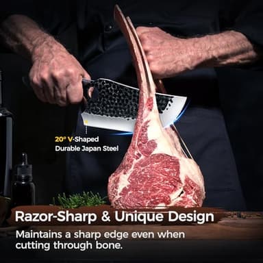 Butcher Knife Meat Cleaver Knife, Hand Forged Japanese Knife Set of 3, High Carbon Kitchen Knife & Serbian Chef Knife & Boning Knife for Meat Cutting, Outdoor Cooking BBQ Camping Gift for Men - Image 2