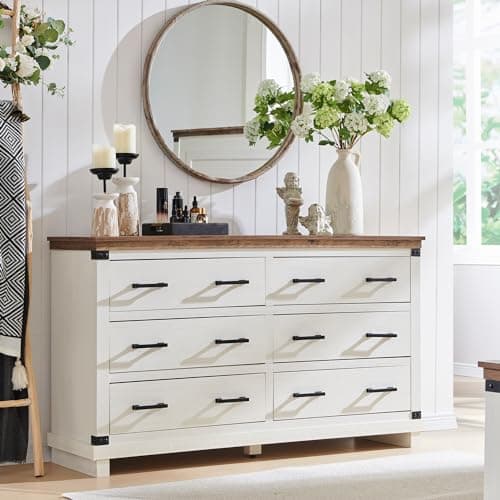 Farmhouse 6 Drawers Dresser for Bedroom, Wood Large Chest of Drawers with Thick Plank Styling, Rustic Closet Dresser for Bedroom or Living Room, Antique White - Image 1