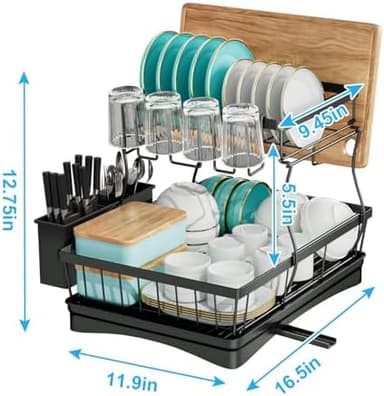 7 code Large Dish Drying Rack for Kitchen Counter, Detachable Large Capacity Dish Drainer Organizer, 2-Tier Dish Racks with Utensil Holder, Black - Image 5