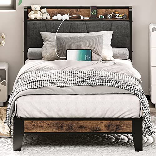 LIKIMIO Twin Bed Frames, Storage Headboard with Charging Station, Solid and Stable, Noise Free, No Box Spring Needed, Easy Assembly - Image 1