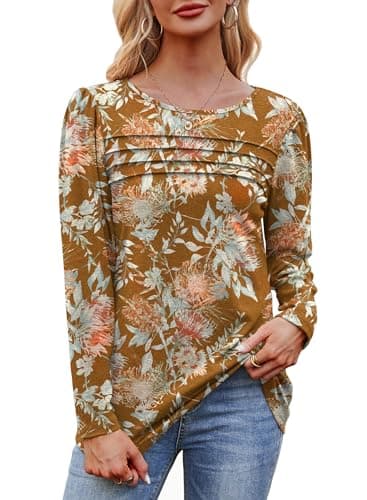 Womens Tops Long Sleeve Shirts Fleece Pullover Sweaters Fall Outfits Tunic Tops for Leggings Leaf Print Yellow Brown S - Image 4