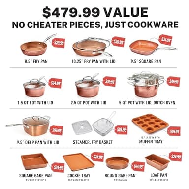 Gotham Steel Hammered 20 Pc Ceramic Cookware Set Nonstick, True Ceramic Pots and Pans Set Non Stick with Deep Square Pan Set & Bakeware Set, Non Toxic PFOA PFOS Free, Oven & Dishwasher Safe - Image 2