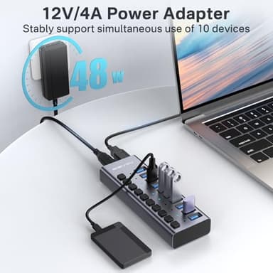 ACASIS Powered USB Hub,10 Ports USB 3.1 Hub with 10Gbps Data Speed, Individual On/Off Switches, 12V4A 48W Power Adapter, USB Hub 3.1 Powered for MacBook, Mac Pro/Mini, Surface Pro Laptop/PC - Image 3