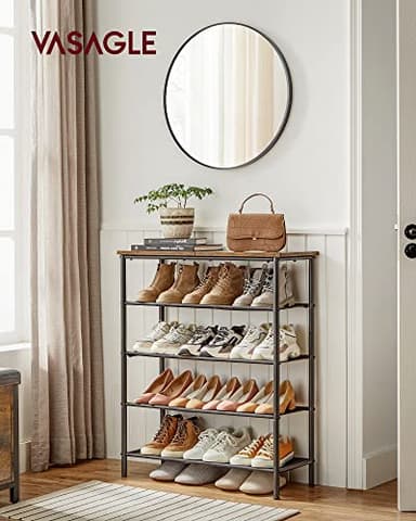 VASAGLE Shoe Rack, 5-Tier Shoe Storage Organizer for Entryway and Closet, Holds 12-16 Pairs of Shoes, 4 Fabric Shelves, Steel Frame, Industrial, Rustic Brown and Black ULBS036B01 - Image 2