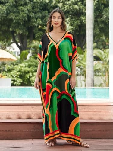 IMAGEKOPE Women's Plus Size Loose Fit Moroccan Print V-Neck Batwing Kaftan Beach Dress Bathing Suit Cover Up - Image 6