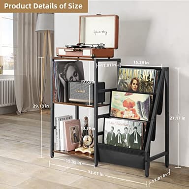 Bikoney Record Player Stand, Turntable Stand with 3-Tier Vinyl Record Storage, Record Player Table 200 Albums, End Table with Vinyl Display Holder Shelf, Record Player Cabinet Media Console for Stereo - Image 3