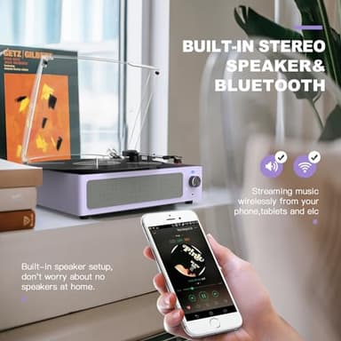 WOCKODER Turntable Vinyl Record Players New Sleek Turn Tables with Speakers Belt-Driven All-in-one LP Phonograph 3-Speed Bluetooth Wireless Playback Headphone AUX RCA Auto Stop Pale Light Purple - Image 3