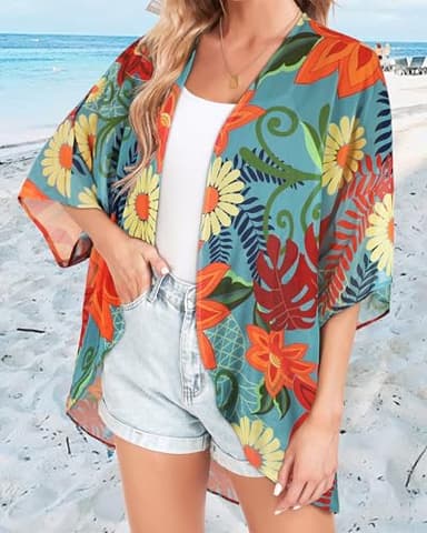 Womens Tops Resort Wear for Women Kaftan Kimono Cardigans Summer Resort Cruise Shirts (Colorful Gardens,L) - Image 5