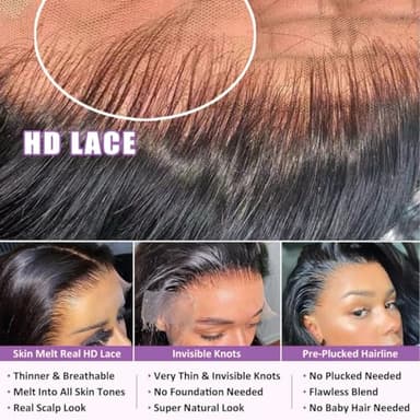 30 Inch 13x6 Body Wave Lace Front Wigs Human Hair 200 Density HD Lace Front Wigs Human Hair Pre Plucked Brazilian Virgin Wigs Human Hair for Women Glueless Lace Frontal Wig Natural Black Body Wave Wig - Image 4