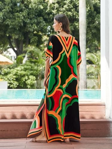 IMAGEKOPE Women's Plus Size Loose Fit Moroccan Print V-Neck Batwing Kaftan Beach Dress Bathing Suit Cover Up - Image 5