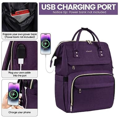 LOVEVOOK Laptop Backpack for Women,17 Inch Professional Womens Travel Backpack Purse Computer Laptop Bag Nurse Teacher Backpack,Waterproof Work Bags Carry on Back Pack with USB Port,Dark Purple - Image 4
