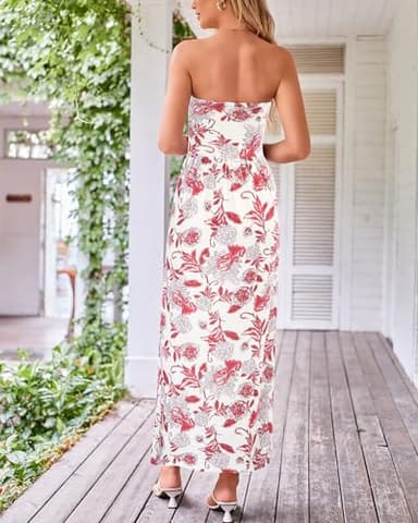 GRACE KARIN Women Strapless Casual Loose Ruched Long Maxi Dress with Pockets Floral Pink - Image 3