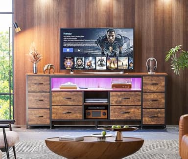 Huuger 63 Inch LED TV Stand Dresser with Power Outlets, USB-C Port and LED Lights, 10 Fabric Drawer Dresser for Bedroom, Long Entertainment Center for 65, 70 Inch TV, Open Shelves, Rustic Brown - Image 2