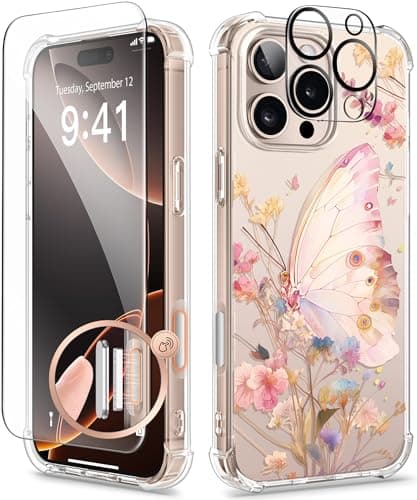 GVIEWIN for iPhone 16 Pro Max Case, with Screen Protector & Camera Lens Protector, Military-Grade Protection, Clear Shockproof Slim Floral Women Phone Case for iPhone 16 Pro Max, Magic Butterfly - Image 1