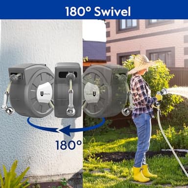 Retractable Garden Hose Reel, 1/2 in x 125 ft Wall Mounted Hose Reel, 10-Pattern Spray Nozzle, Any Length Lock/Slow Return System/Wall Mounted/180°Swivel Bracket - Image 5