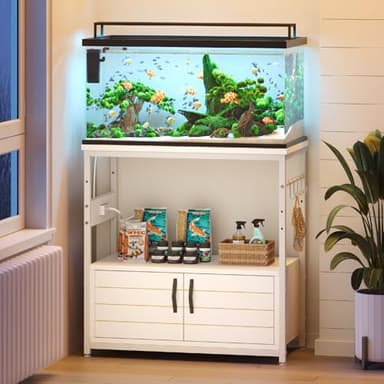 Bestier 20-29 Gallon Fish Tank Stand with Power Outlets, Metal Long Aquarium Stand with Storage Cabinet, 31x15 Reptile Terrarium Stand with Horizontal Gold Line, Stainless Hooks, 350 Lbs(White) - Image 1