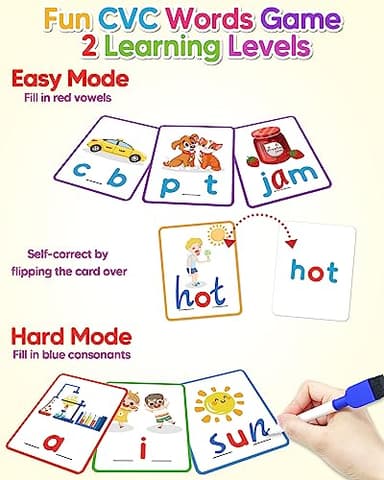 Gojmzo CVC Word Writing & Spelling Flash Cards, Preschool Learning Toddler Activities, Kindergarten Homeschool Supplies, Sight Words Reading Game, Montessori Educational Toys for 3 4 5 6 Year Old Kids - Image 3