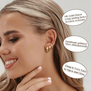 3Pairs 14K Gold Plated Hoop Earrings Set for Women Chunky Earring Silver Plated Hypoallergenic Small Huggie Hoops Lightweight Tiny Thick Trendy Hoop Earrings Stacks for Multiple Piercing(14k gold plated) - Image 2