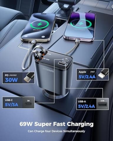 SUPERONE Smaller 4 in 1 Retractable Car Charger with Dual Type C Cords, 69W Fast Retractable USB C Car Charger, Car Accessories Car Chargers for iPhone 17 16 15 14 13 12 Galaxy Pixel - Image 5