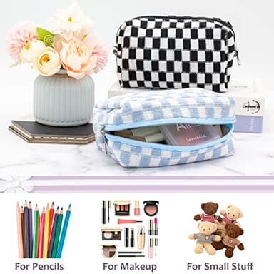 PAZIMIIK Checkered Makeup Bag for Purse Portable Zipper Make Up Pouch Small Cosmetic Case for Travel Accessories (Blue) - Image 3