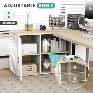 PatioPerk 71" L Shaped Executive Desk, Executive Office Desk with File Cabinet and Power Outlet, Large Computer Table with Shelves, Business Furniture Workstation for Home Office (Oak & White) - Image 5