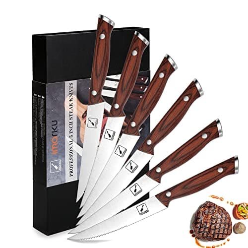 imarku Steak Knives, Serrated Steak knives Set of 6, Japanese HC Steel Knife Set, Premium Serrated Carbon Stainless Steel Steak Knife with Gift Box,9 Inches/Piece, Silver - Image 1