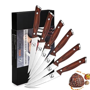 imarku Steak Knives, Serrated Steak knives Set of 6, Japanese HC Steel Knife Set, Premium Serrated Carbon Stainless Steel Steak Knife with Gift Box,9 Inches/Piece, Silver - Image 1