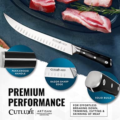 Cutluxe Butcher Knife – 10″ Cimeter Breaking Knife, Razor Sharp Forged High Carbon German Steel, Full Tang Meat Carving Knife, Ergonomic Handle Design – Artisan Series - Image 8
