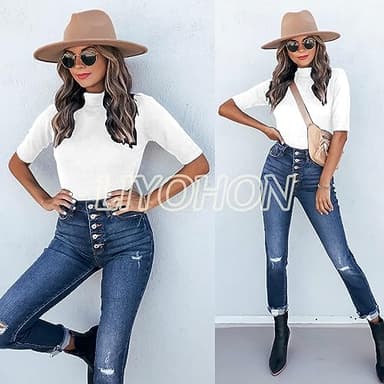 LIYOHON Womens Tops Dressy Casual Mock Turtleneck Business Short Sleeve T Shirts Going Out Tops 2025 White-XL - Image 8