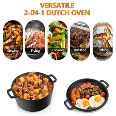 P&P CHEF 5Qt Dutch Oven Pot for Bread Baking (Black), 2 In 1 Round Cast Iron Dutch Oven with Lid Set, Skillet & Pot for Roasting Braising Stewing Frying Simmering, Multi Stoves & Oven Safe - Image 6