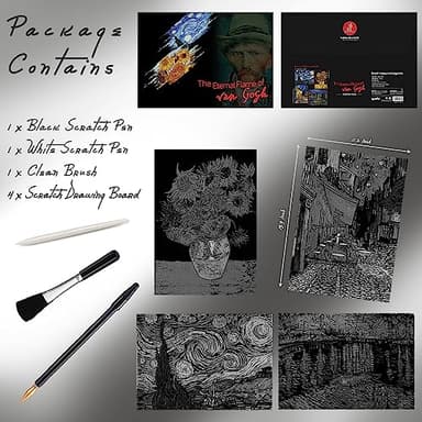 Scratch Art Painting 4 Pcs Vincent Van Gogh Scratch Rainbow Paper Set for Adults and Kids, DIY Sketch Card Engraving Craft Night View Scratchboard with 4 Tools - Cafe Terrace, Sunflowers, Starry Night - Image 3