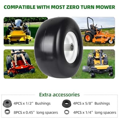 AR-PRO (2-Pack) 13x6.50-6 Flat Free Tire and Wheel - Universal 13x6.5-6 Solid Rubbe Riding Lawn Mower Tire with Rim - With 5.5"-7.8” Centered Hub and 3/4" Bearings extra 5/8" 1/2” Bushings - Image 3