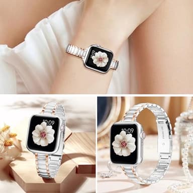 MioHHR Metal Bands Compatible with Apple Watch Band 49mm 46mm 45mm 44mm 42mm(Series 3/2/1),Narrow Stainless Steel Strap for Women iWatch Ultra3/2/1 Series 11 10 9 8 7 6 5 4 SE3/2/1,Silver/Rose Gold - Image 5