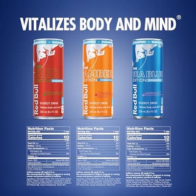 Red Bull Energy Drink Sugar Free Variety Pack, Red, Amber, and Sea Blue, with 80mg Caffeine, Taurine & B Vitamins, 8.4 fl. oz., 2 x 12 pack, 24 Cans Case - Image 2