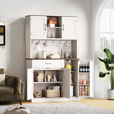 ONBRILL 71" Pantry Cabinet, Kitchen Pantry Storage Cabinet with LED Light & Outlet, Kitchen Hutch with Microwave Shelf & 6 Hook, Door Shelf & Drawer & Adjustable Shelf, Dining Room, Off White+Walnut - Image 8