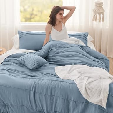 Bedsure Twin Comforter Set - 3 Pieces Pinch Pleat Bed Set, Light Blue Boho Bedding for All Season, 1 Soft Comforter, 1 Pillowcase, 1 Decorative Pillow - Image 3
