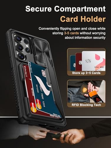 Vihibii for Samsung Galaxy S25 Ultra Case with Card Holder (4 Cards), [RFID Blocking] & Slide Camera Cover & Military Grade Drop Protection, Heavy Duty Wallet Cover for Samsung Galaxy S25 Ultra, Black - Image 3